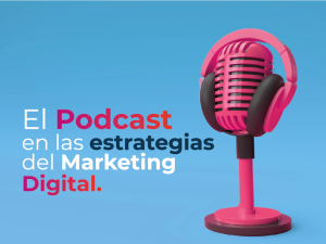 Micrófono con fondo azul y título que dice "el podcast en las estrategias del marketing digital".
