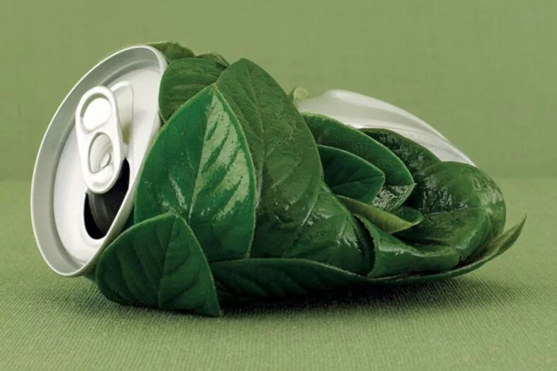 Lata de gaseosa envuelta en hojas verdes con un fondo de tono verde. para expresar el concepto de la Publicidad verde.