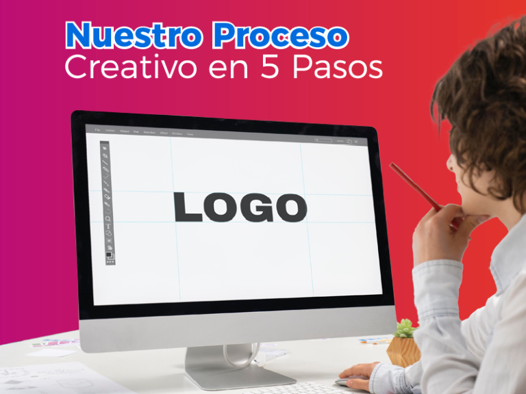 Nuestro proceso creativo en 5 pasos para el diseño de un logo y la identidad corporativa. Muestra a una diseñadora trabajando en la conceptualización de un logo en una pantalla de computadora.
