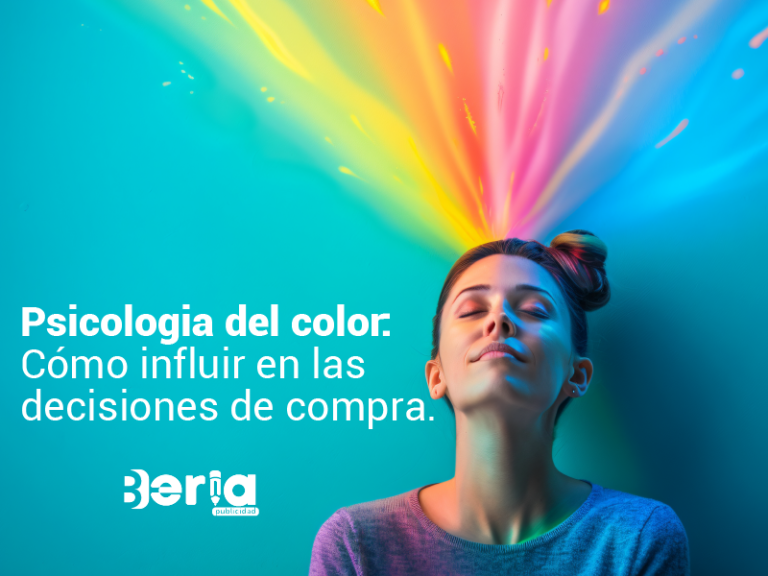 Mujer con expresión de serenidad y destellos de colores saliendo de su mente, representando la psicología del color en las decisiones de compra para Beria Publicidad.