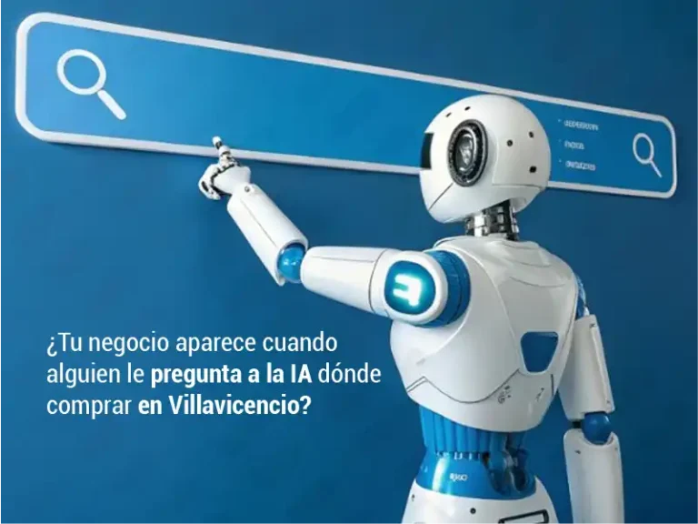 Robot de inteligencia artificial señalando una barra de búsqueda junto al texto ¿tu negocio aparece cuando alguien le pregunta a la IA dónde comprar en Villavicencio?